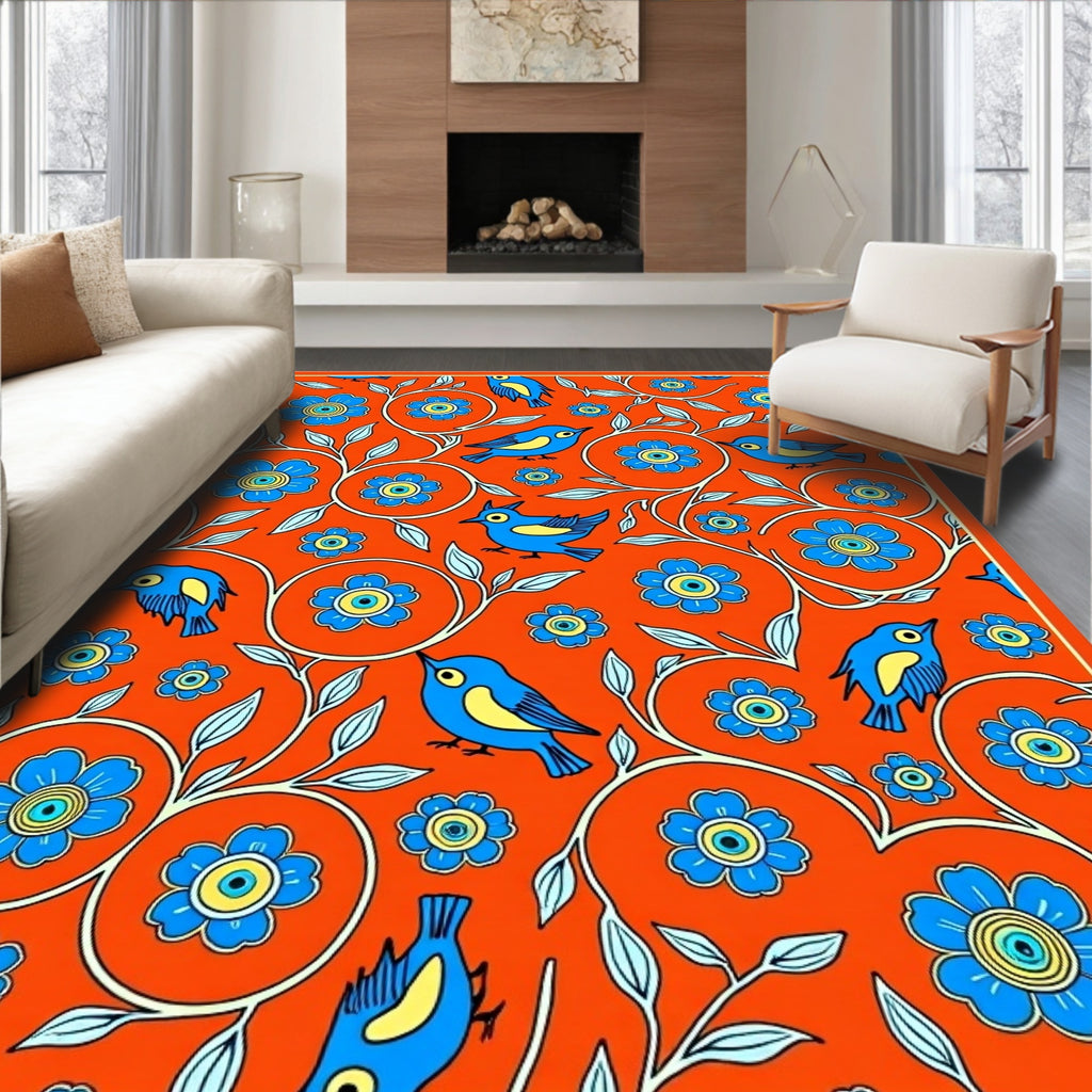 Charming Blue Birds Floral Vine Rug