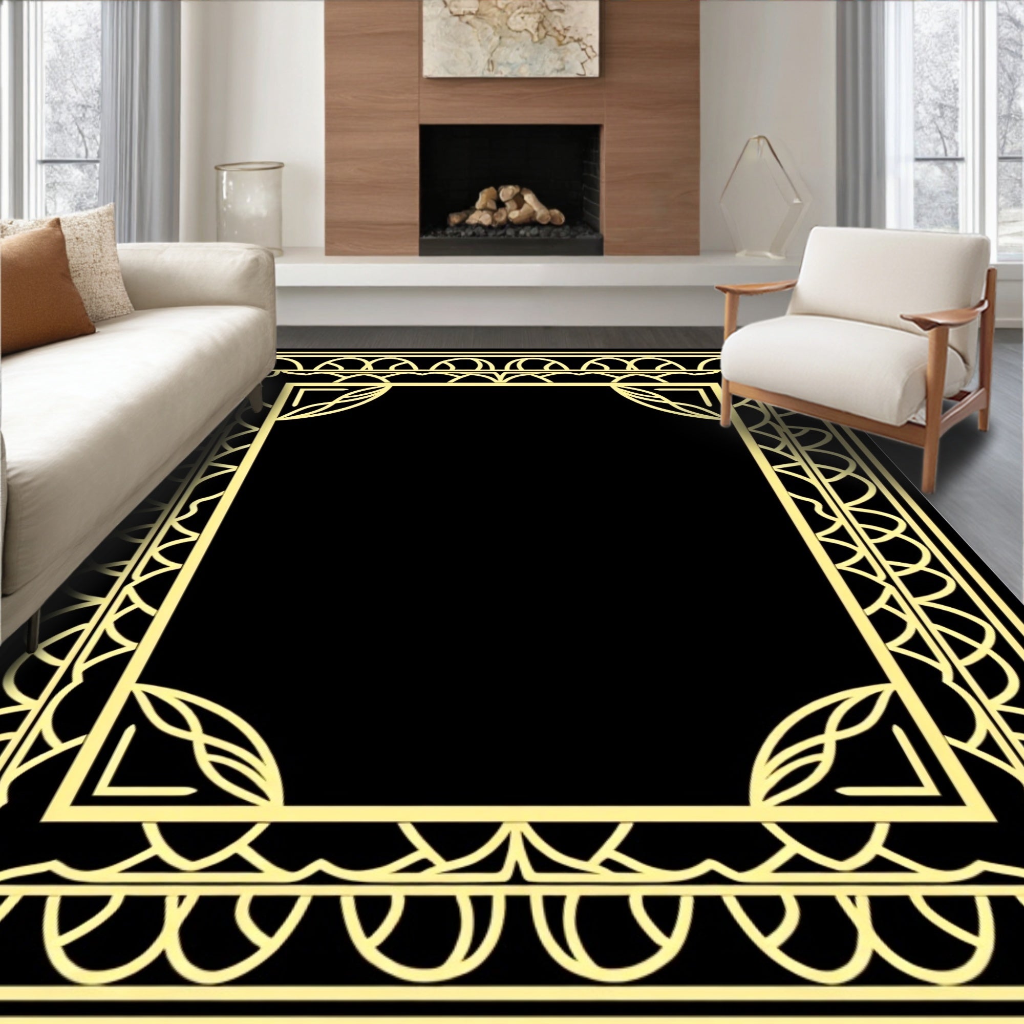 Golden Art Deco Geometric Frame Rug
