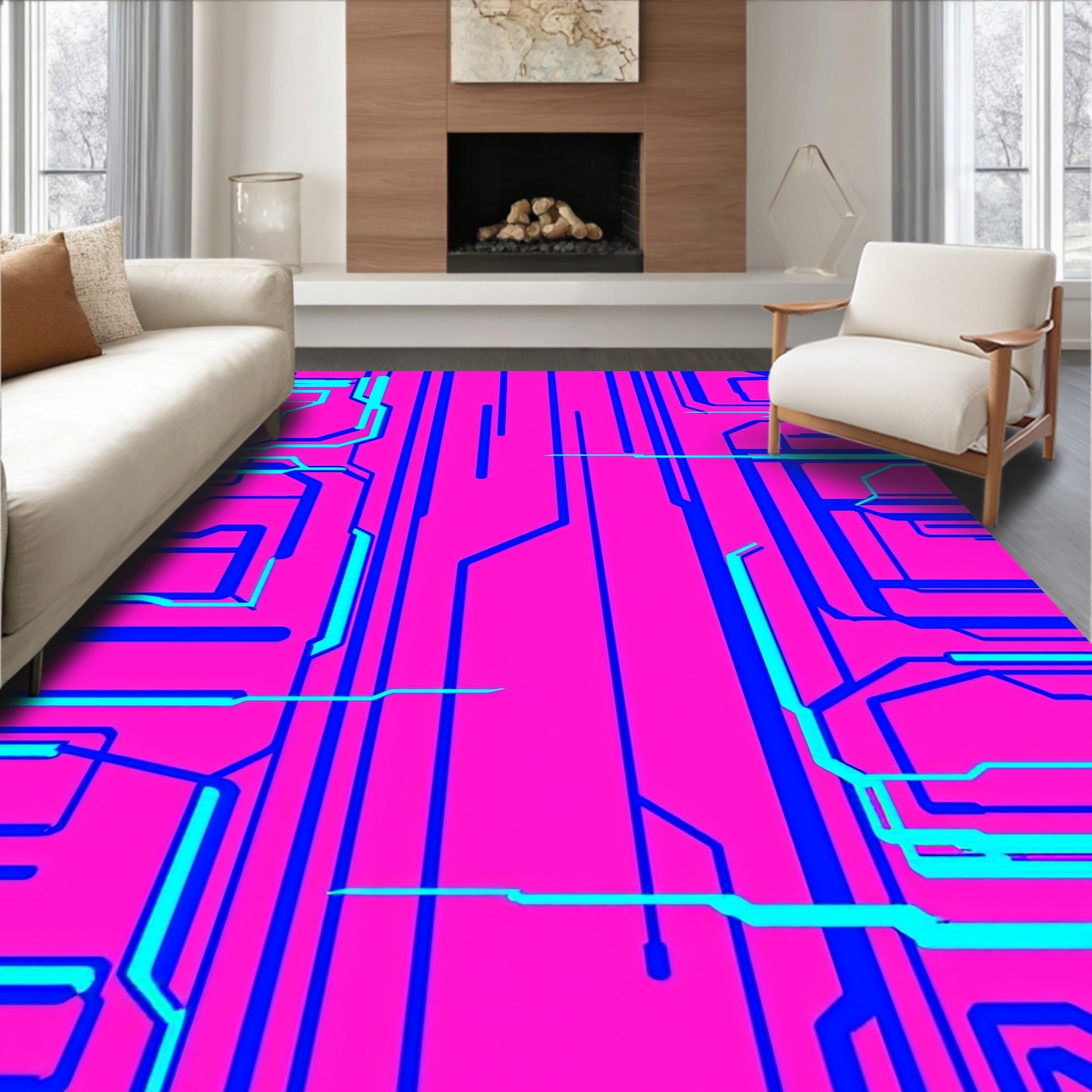 Cyberpunk Pink Circuit Board Rug