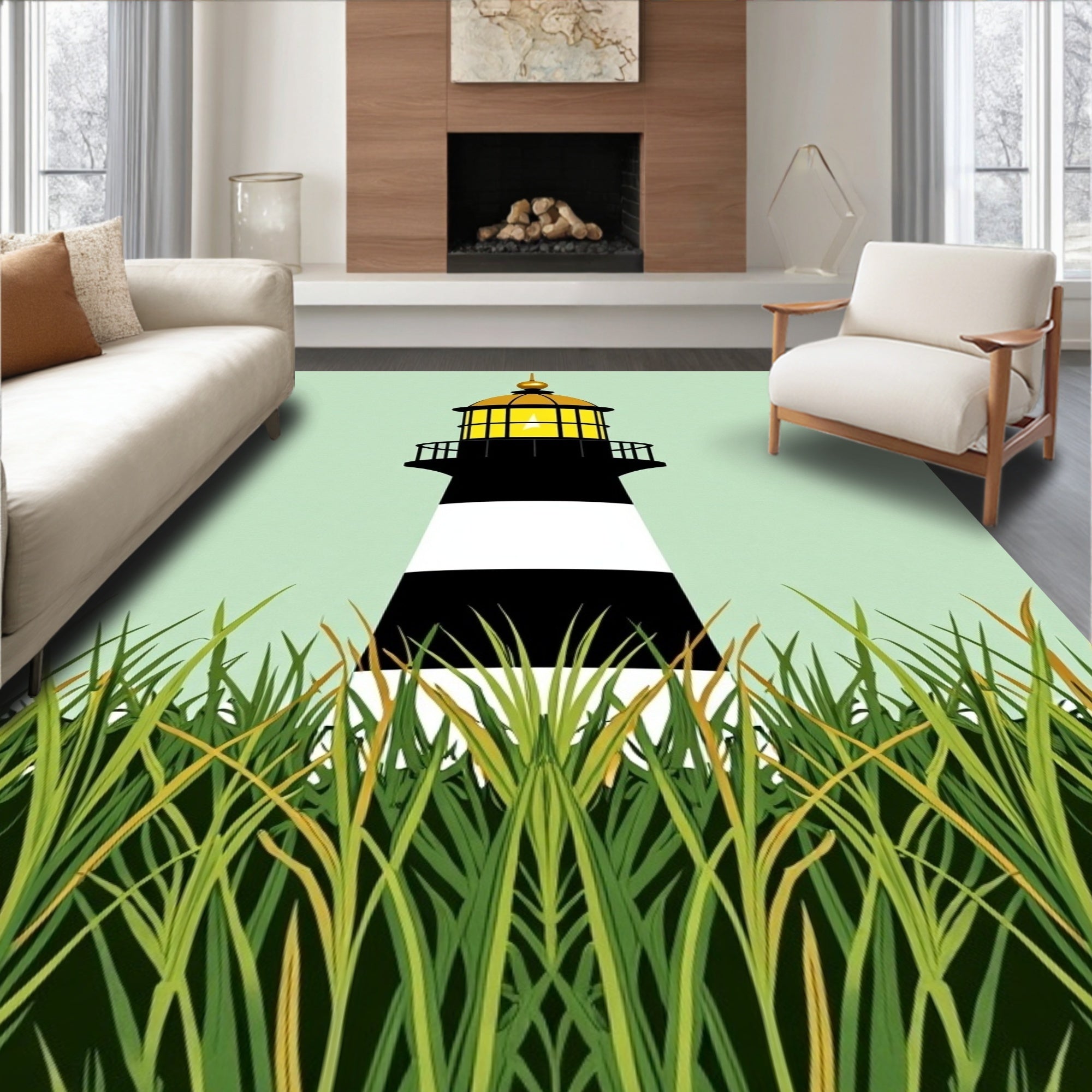 Coastal Grass and Lighthouse Scene Rug