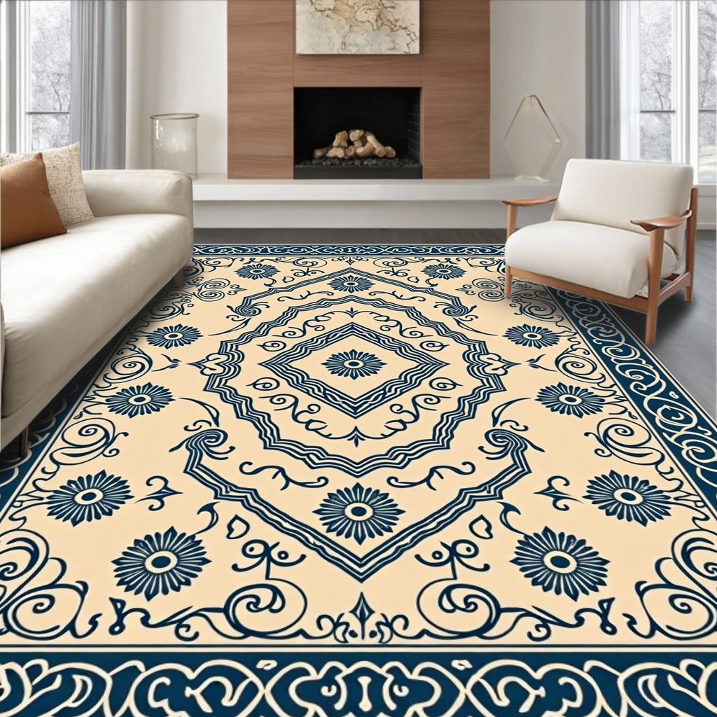 Navy Blue Floral Medallion Cream Rug