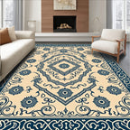 Navy Blue Floral Medallion Cream Rug