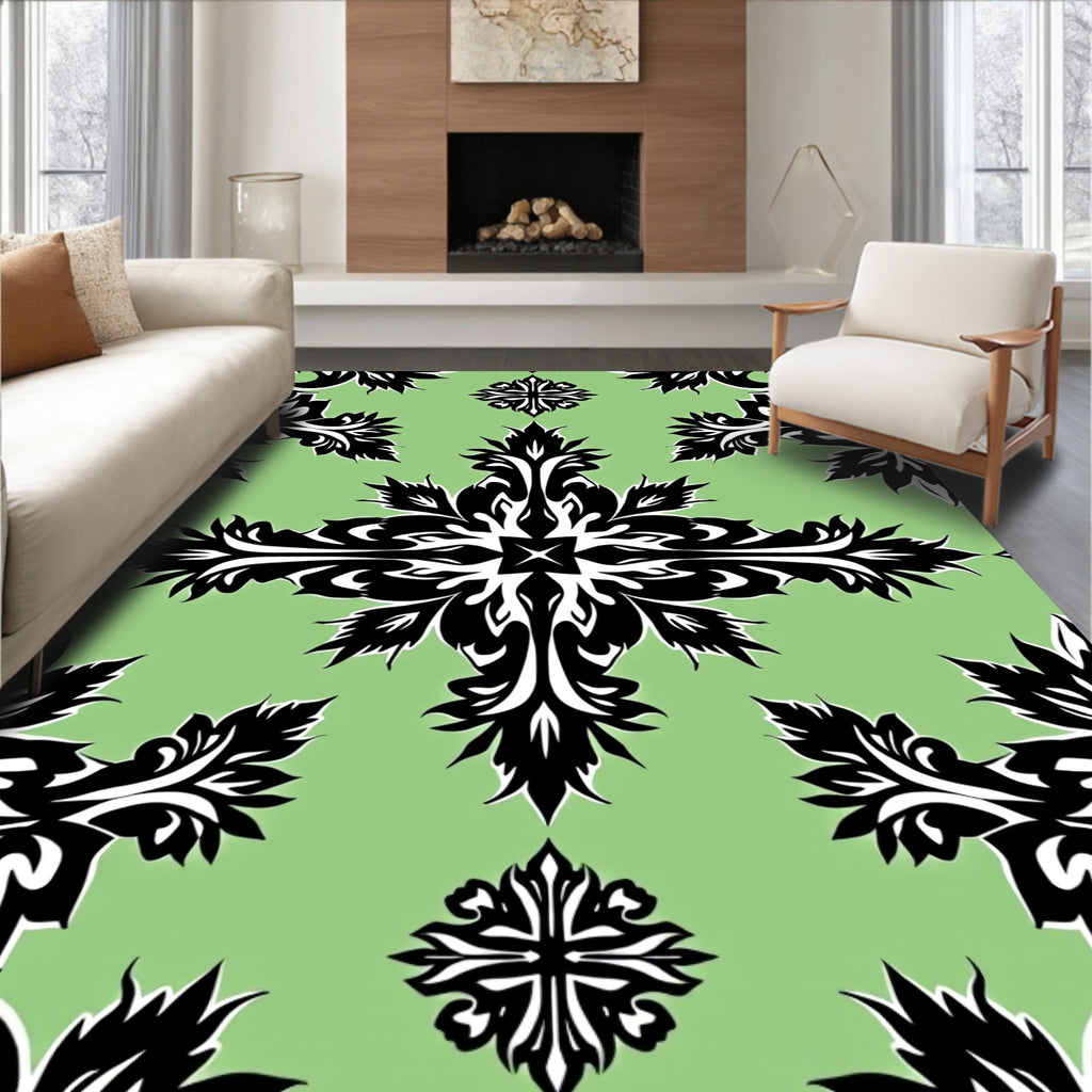Black Leaf Scroll Mandala Green Rug