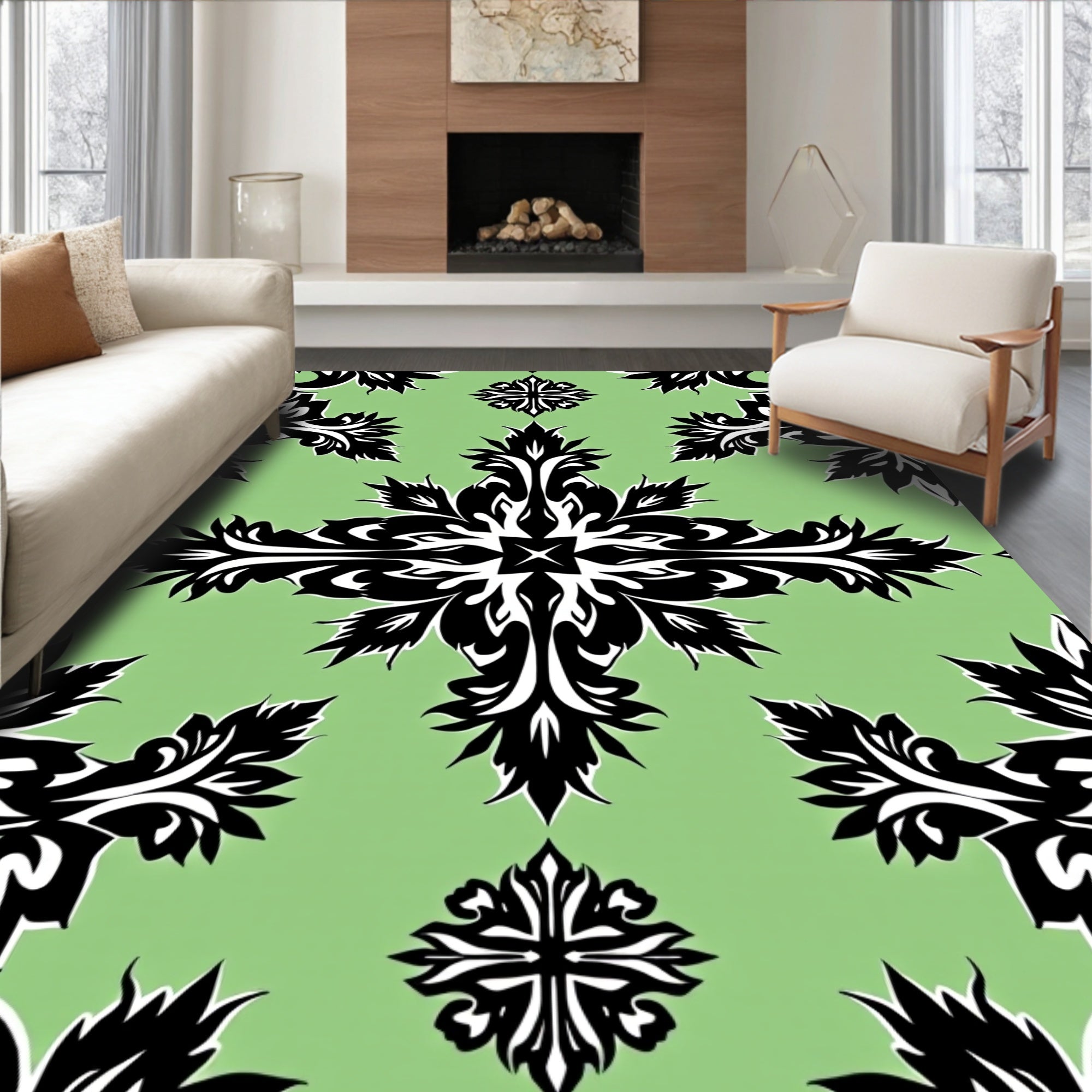 Black Leaf Scroll Mandala Green Rug