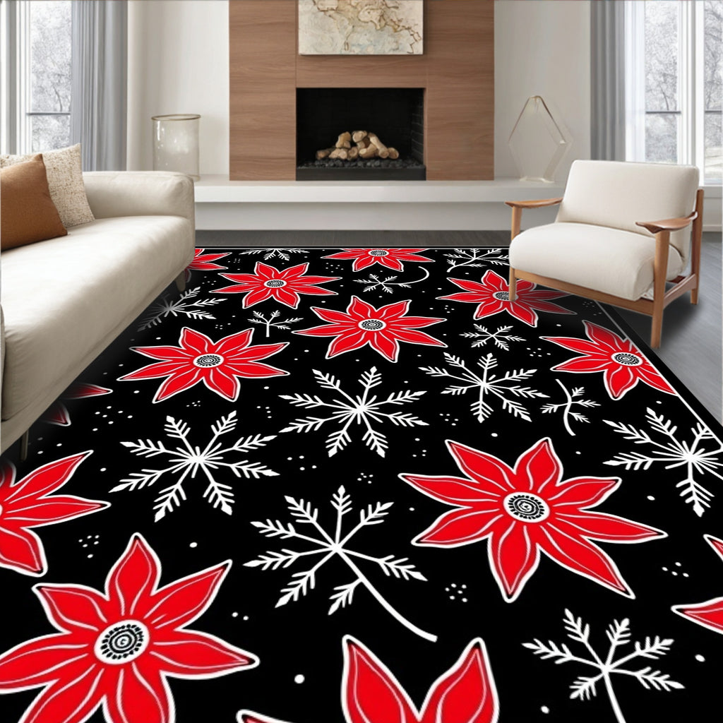 Red Poinsettia Snowflake Starry Night Rug