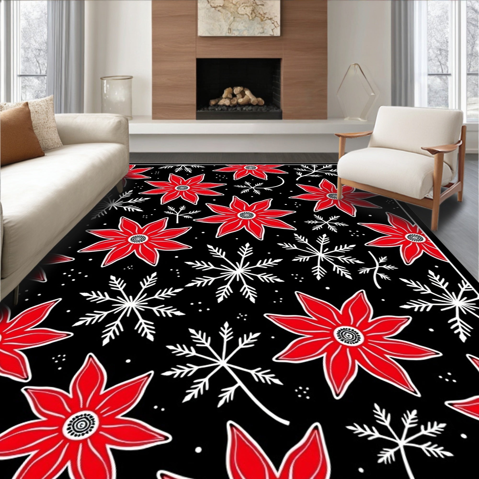 Red Poinsettia Snowflake Starry Night Rug