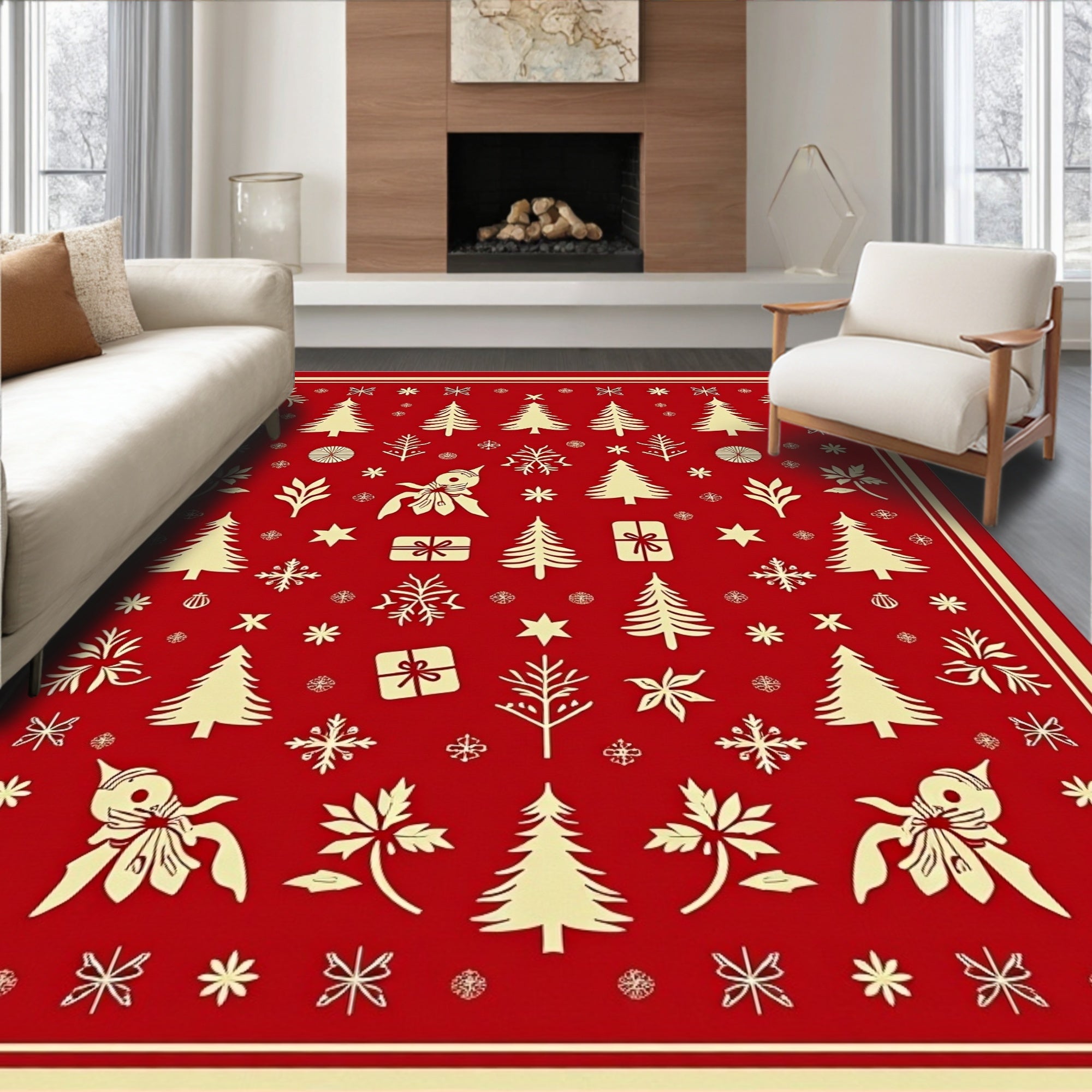 Crimson Holiday Festive Tree Snowflakes Rug