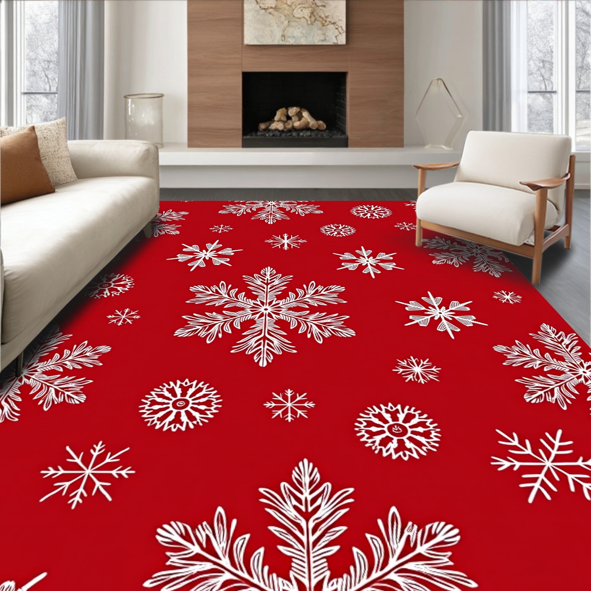 Festive Red White Snowflake Scatter Rug