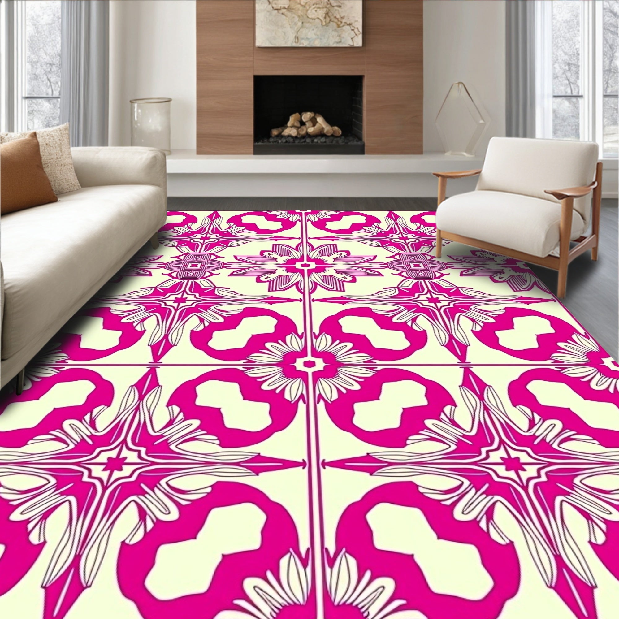 Vibrant Magenta Floral Symmetry Rug