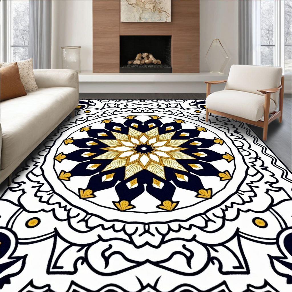 Navy Gold Geometric Mandala Medallion Rug