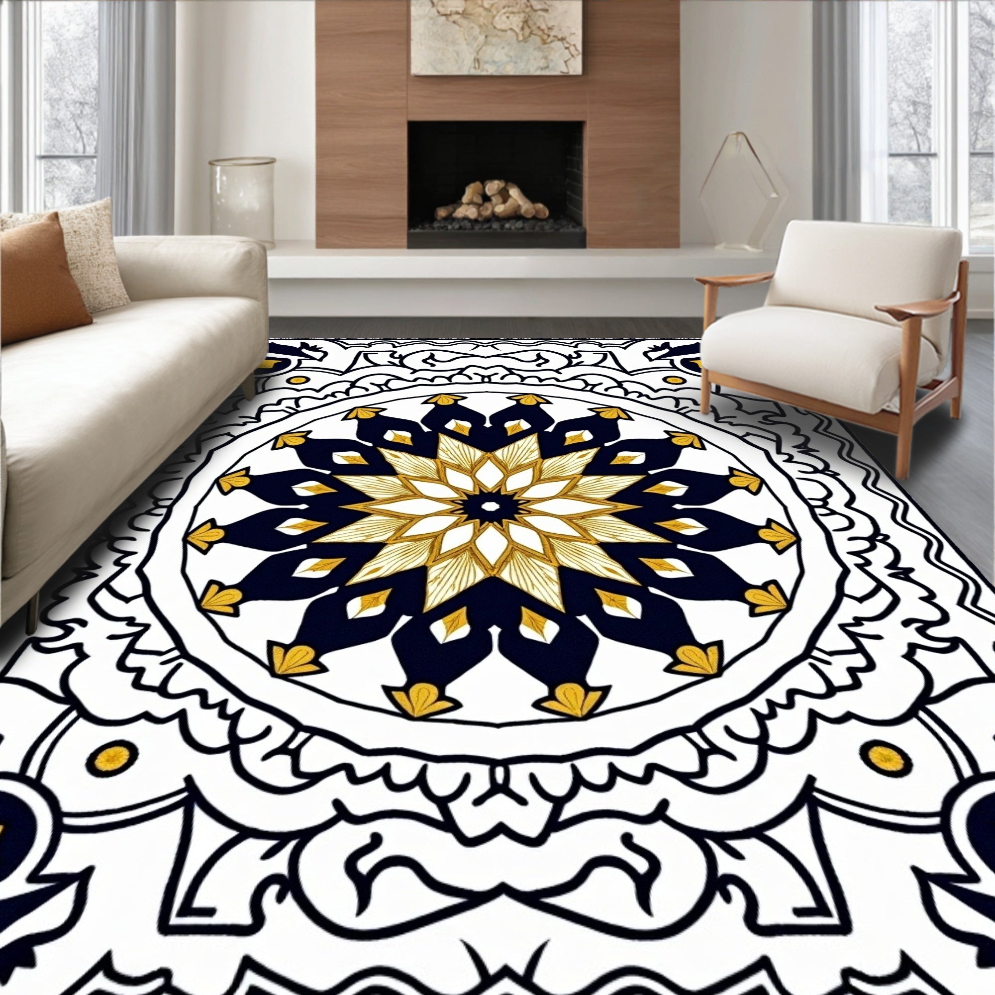 Navy Gold Geometric Mandala Medallion Rug