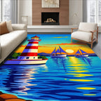 Striped Lighthouse Sailboats Sunset Scene Rug