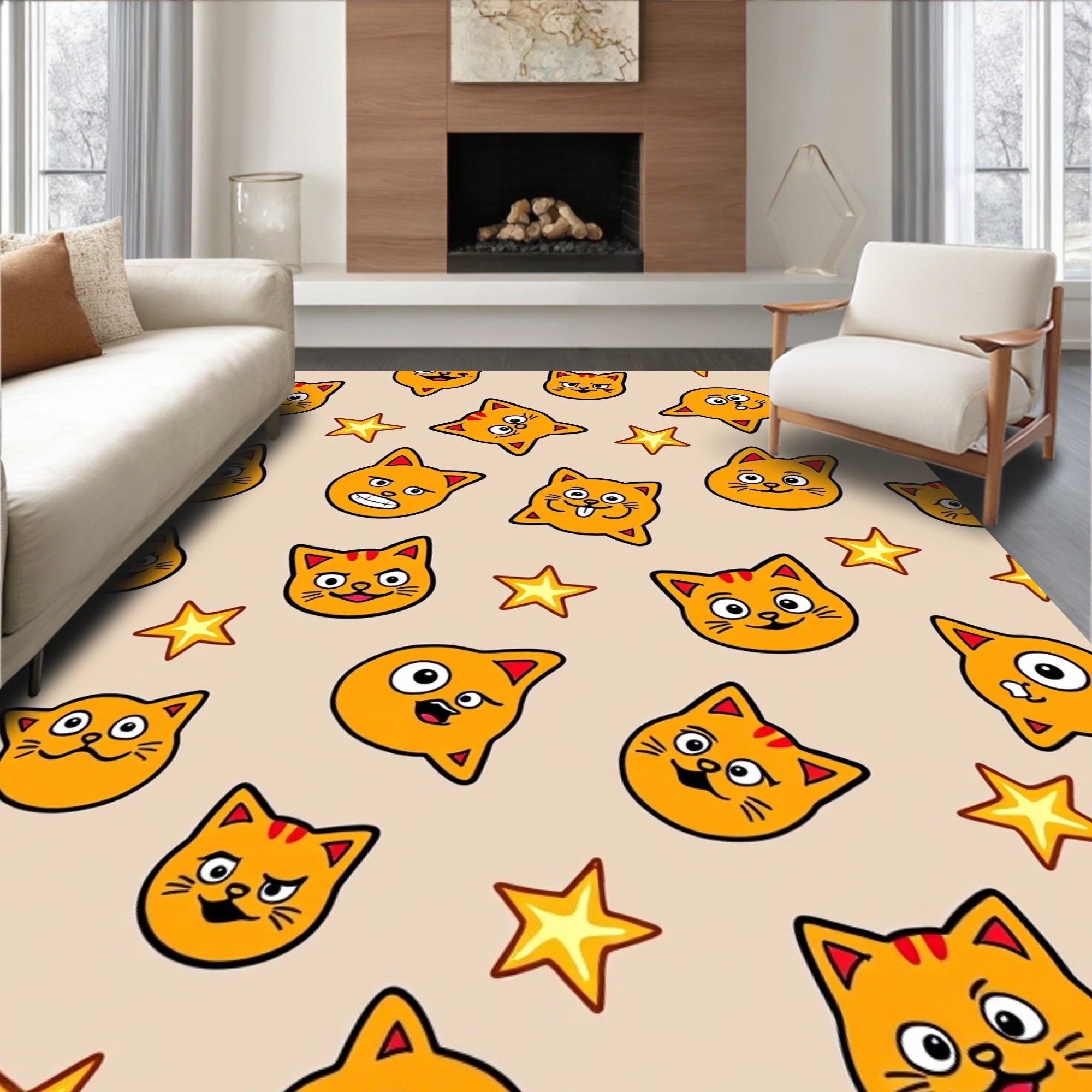 Whimsical Orange Cats Stars Background Rug
