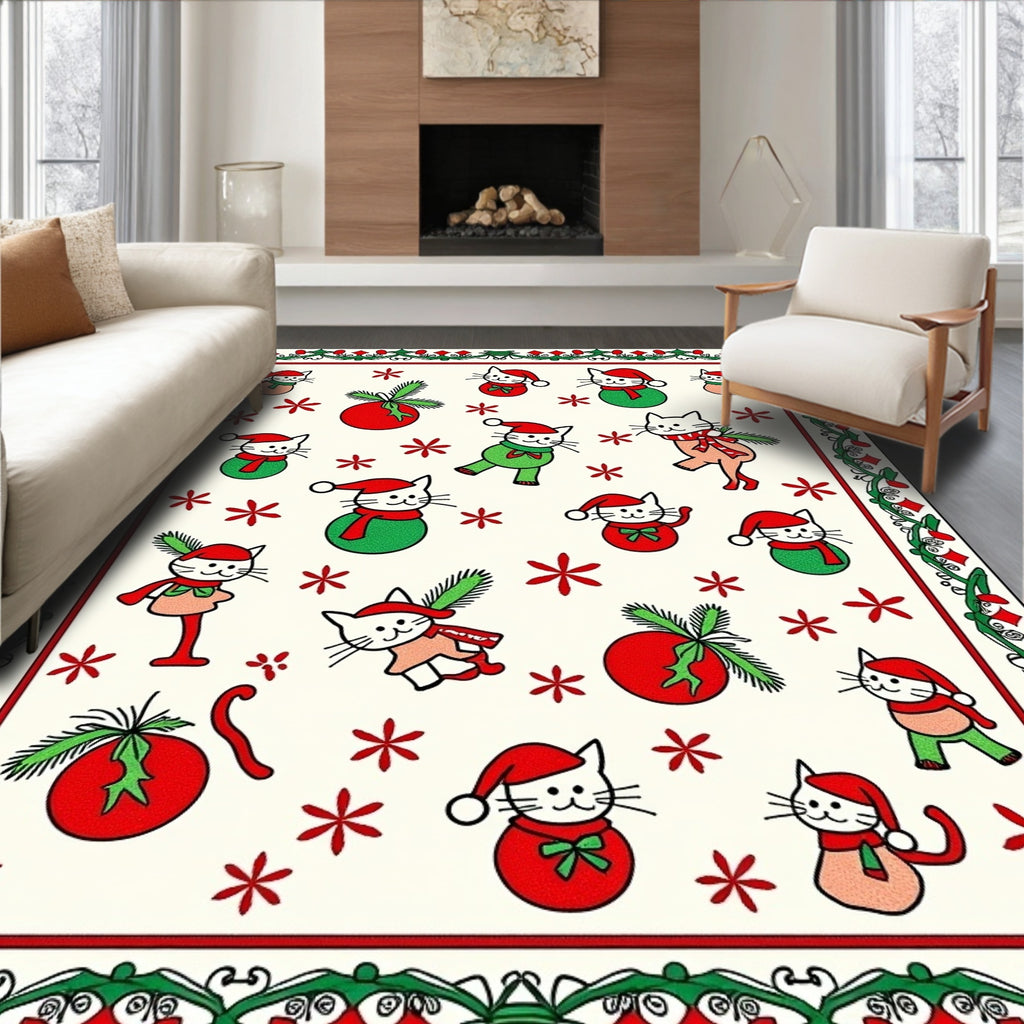 Festive Cat Christmas Ornaments Border Rug