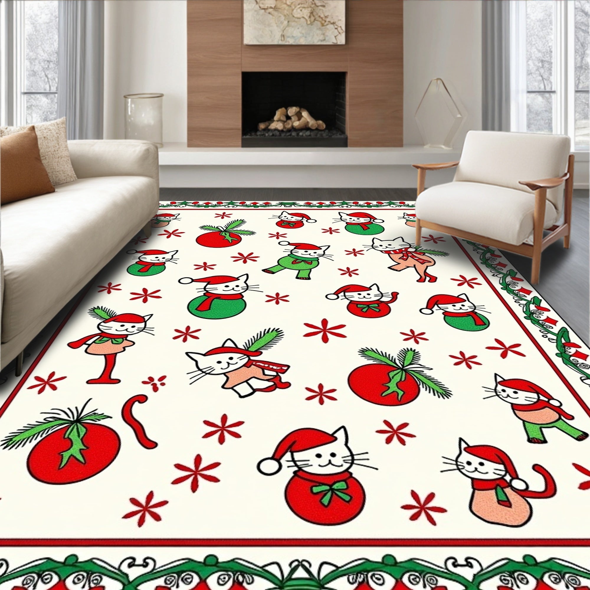 Festive Cat Christmas Ornaments Border Rug