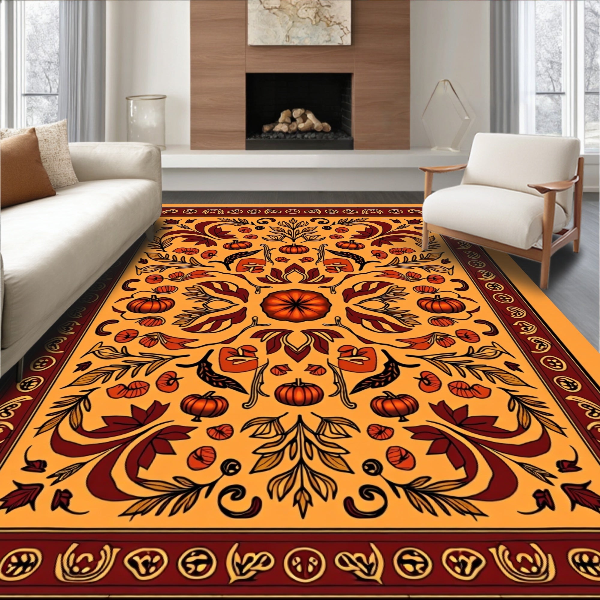 Autumnal Orange Pumpkin Foliage Medallion Rug