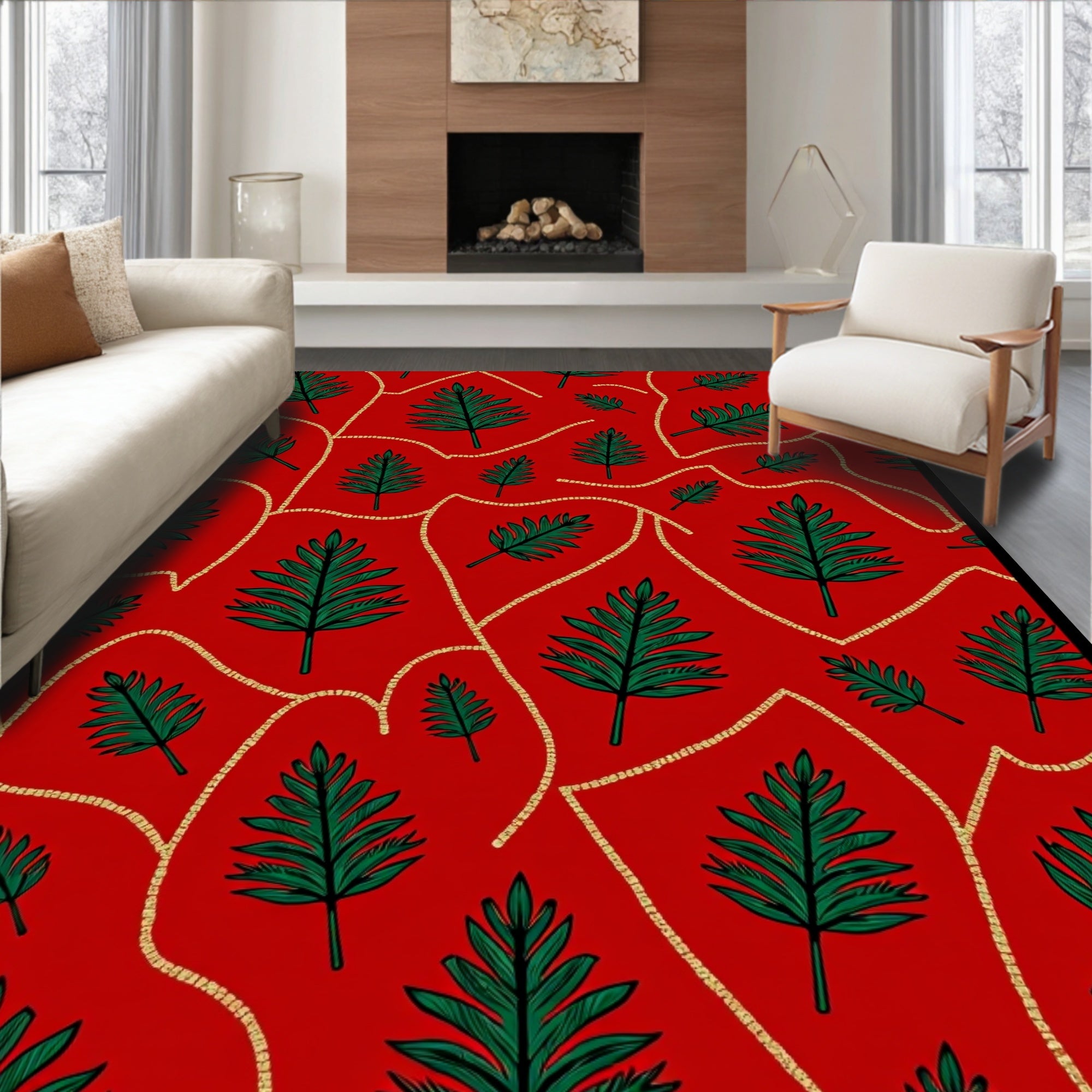 Crimson Fern Leaf Gold Twine Rug