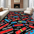Red Blue Rectangles Scattered Black Rug