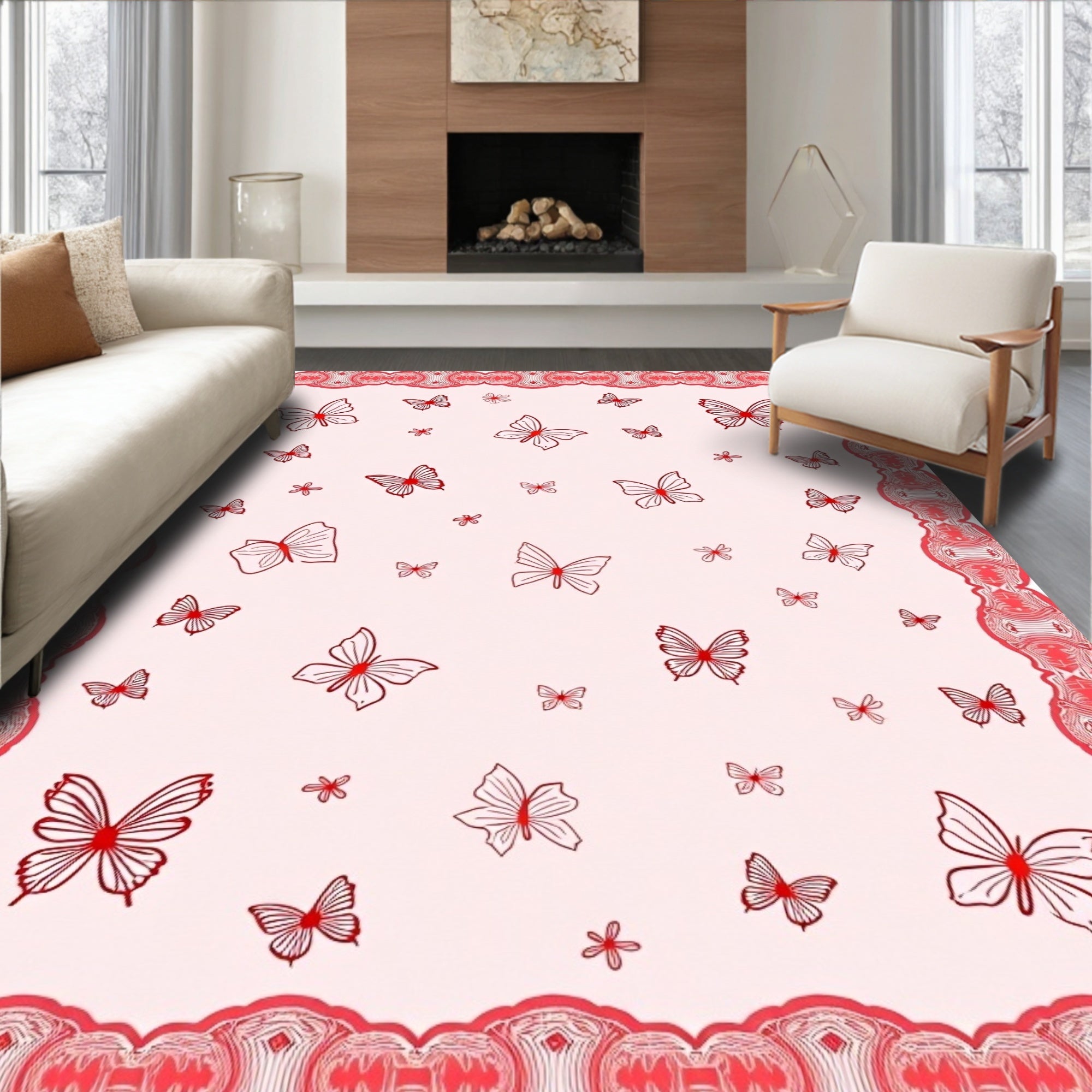 Pink Butterfly Flutter Border Rug
