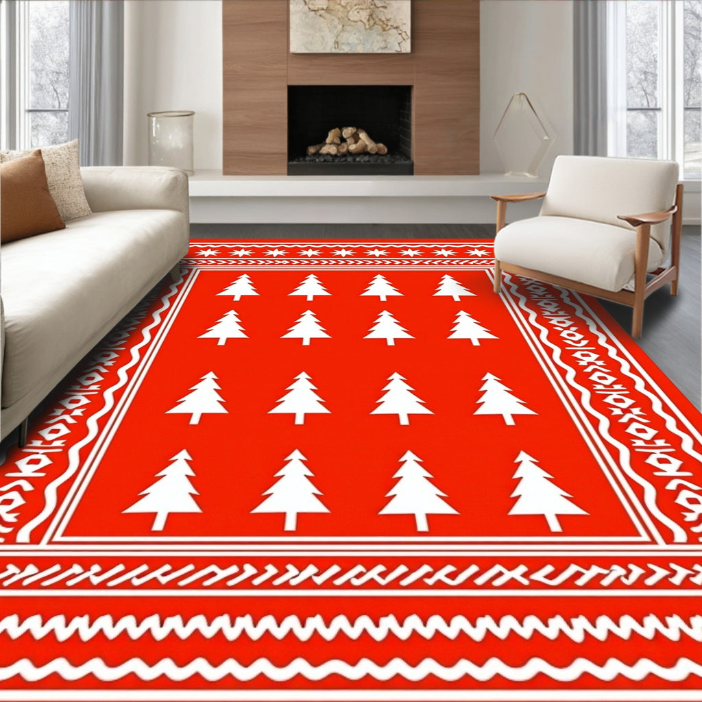 Bright Red Christmas Tree Border Rug