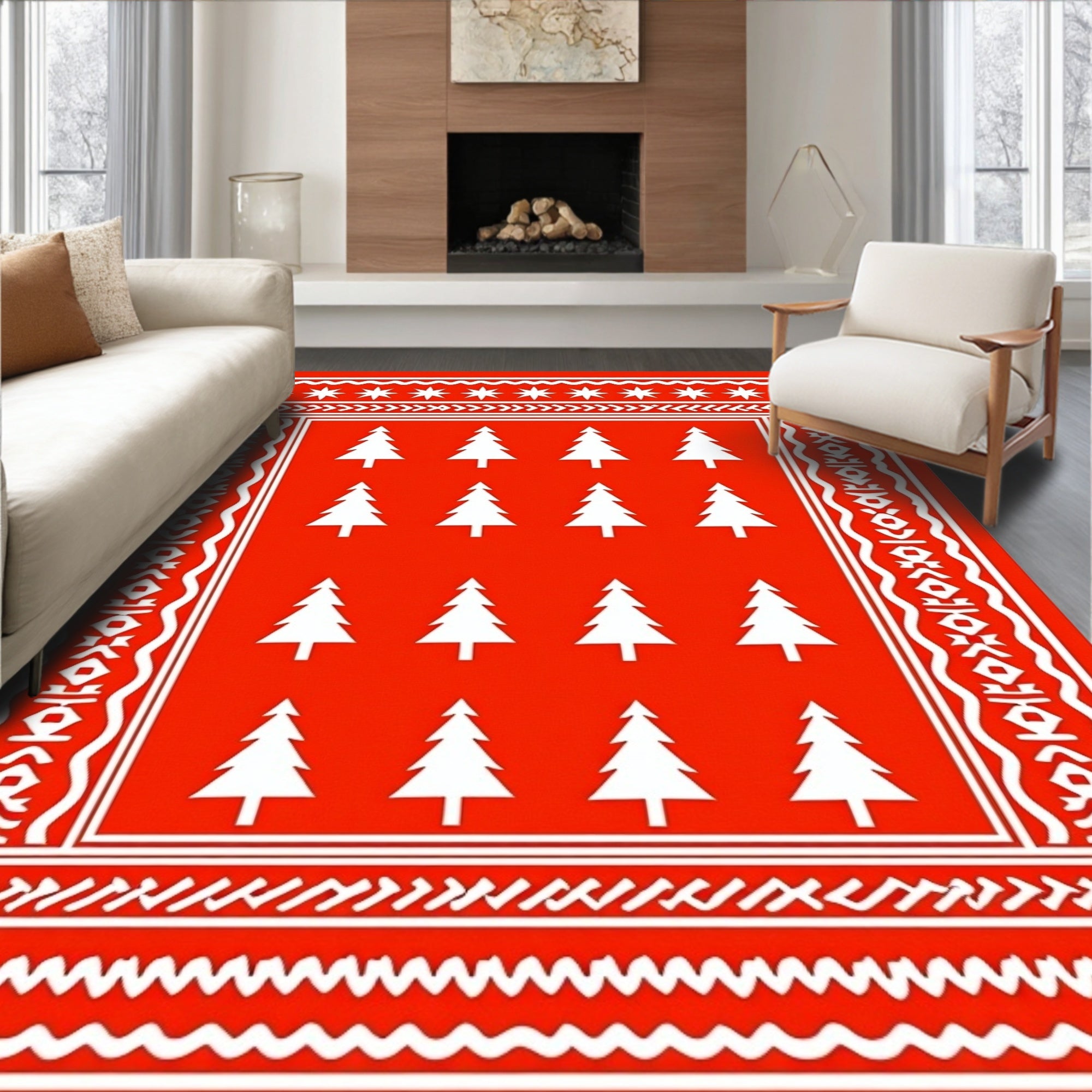 Bright Red Christmas Tree Border Rug