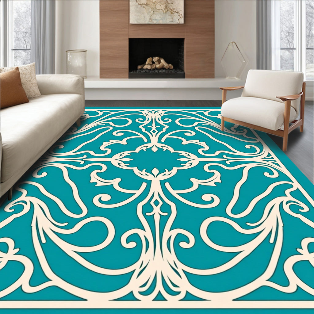 Cream Teal Elaborate Scrollwork Rug