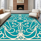 Cream Teal Elaborate Scrollwork Rug