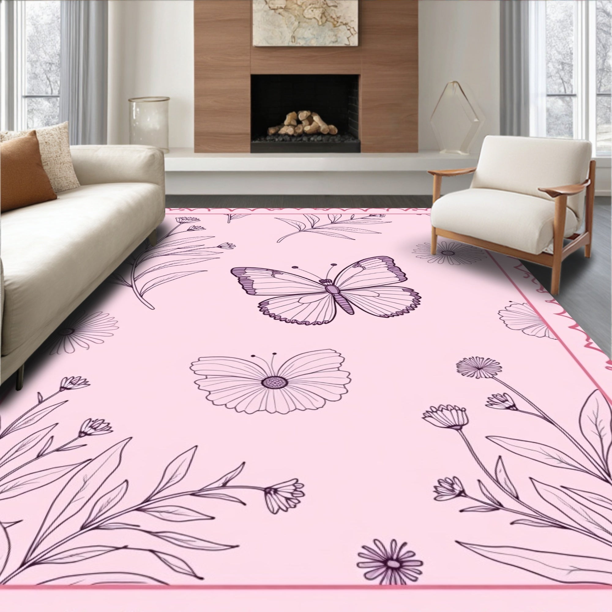 Pastel Pink Butterfly Garden Art Rug
