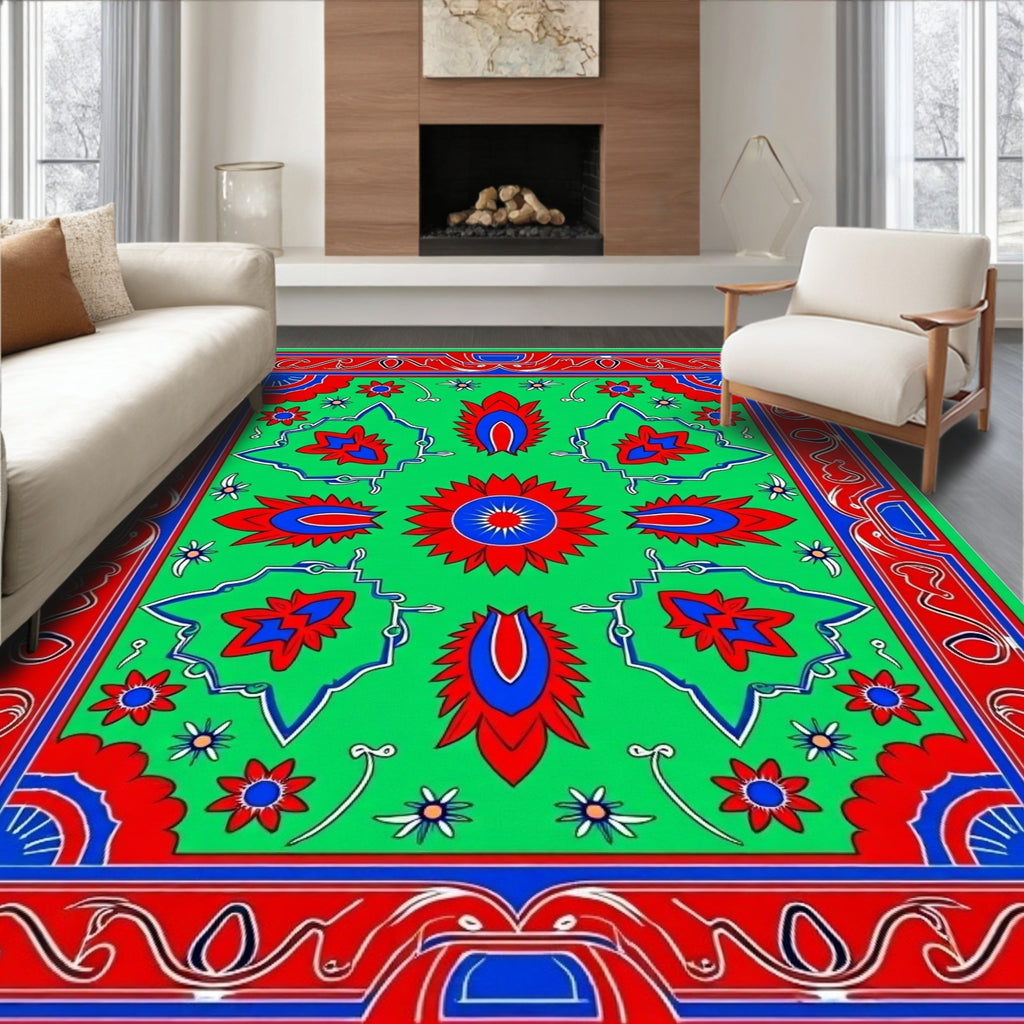 Bright Green Red Blue Floral Medallion Rug