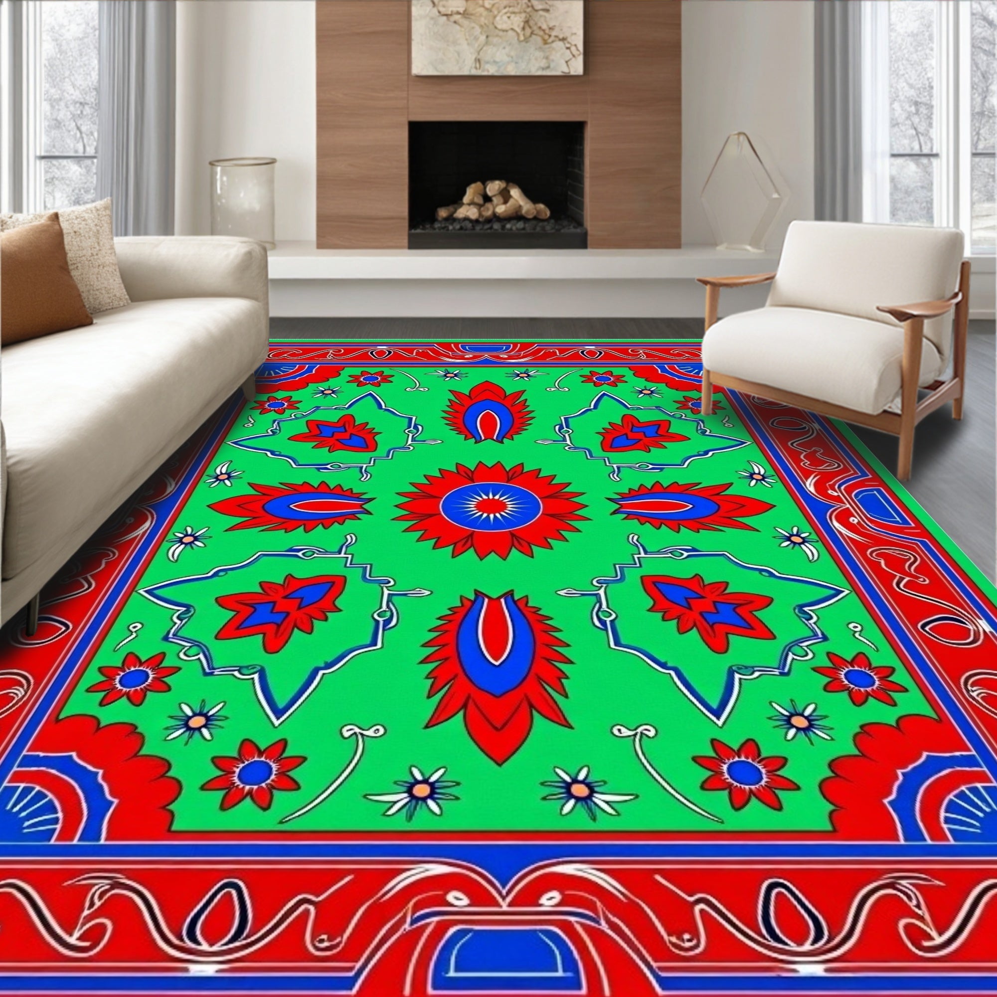 Bright Green Red Blue Floral Medallion Rug