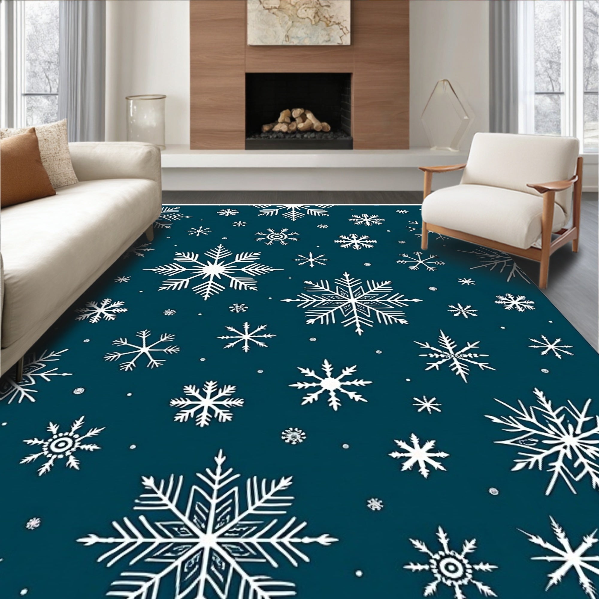 White Snowflakes on Dark Teal Rug