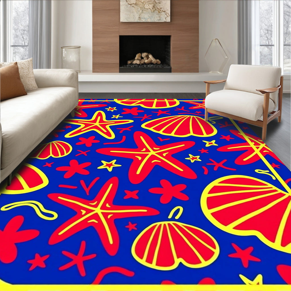 Red Yellow Starfish Shells Marine Life Rug
