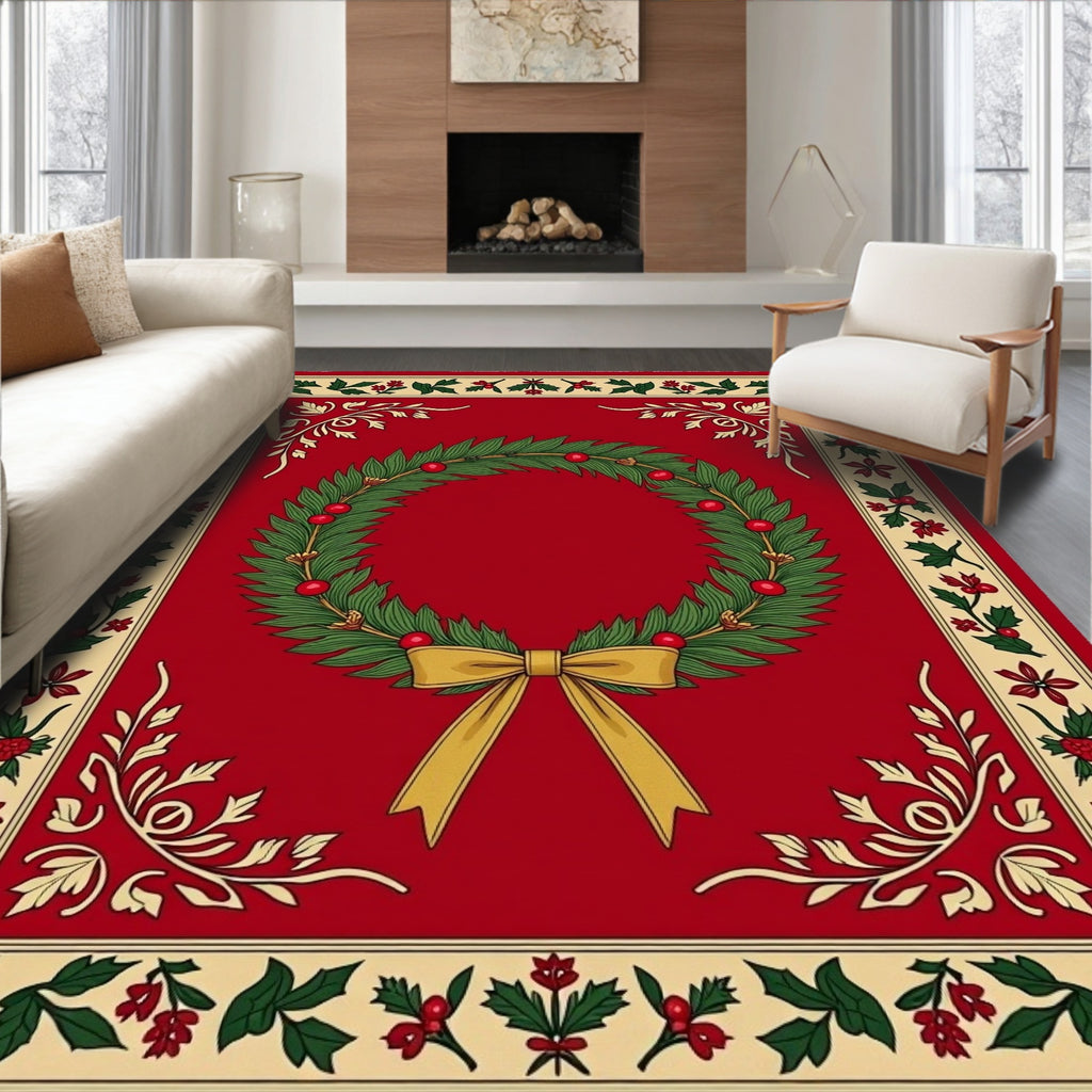 Red Wreath With Golden Bow border Rug