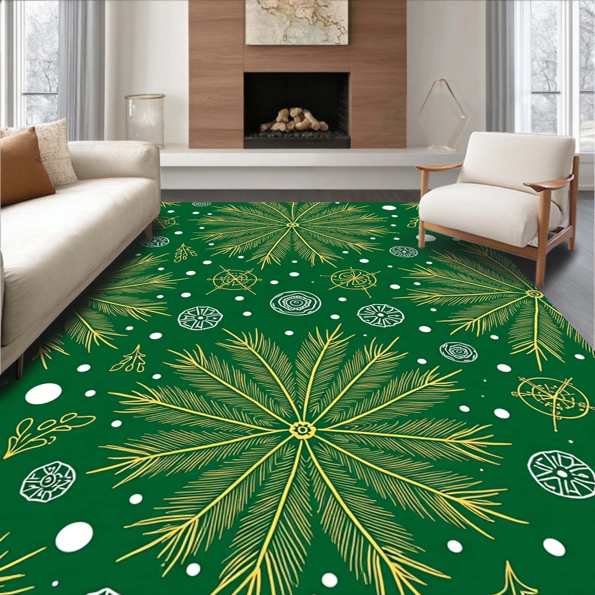 Green Yellow Fern Snowflake Medallion Rug