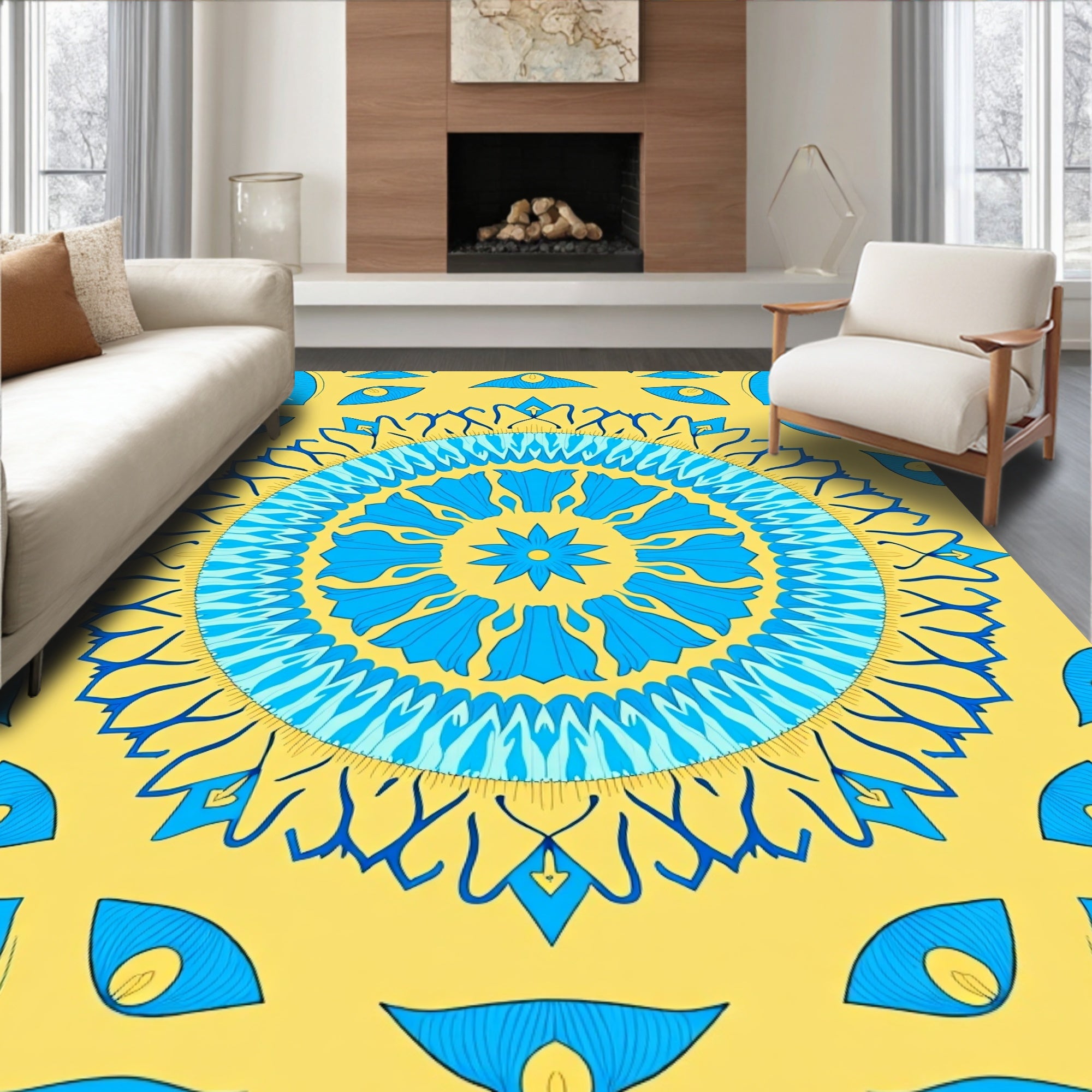 Radiant Blue Eye Mandala Yellow Rug