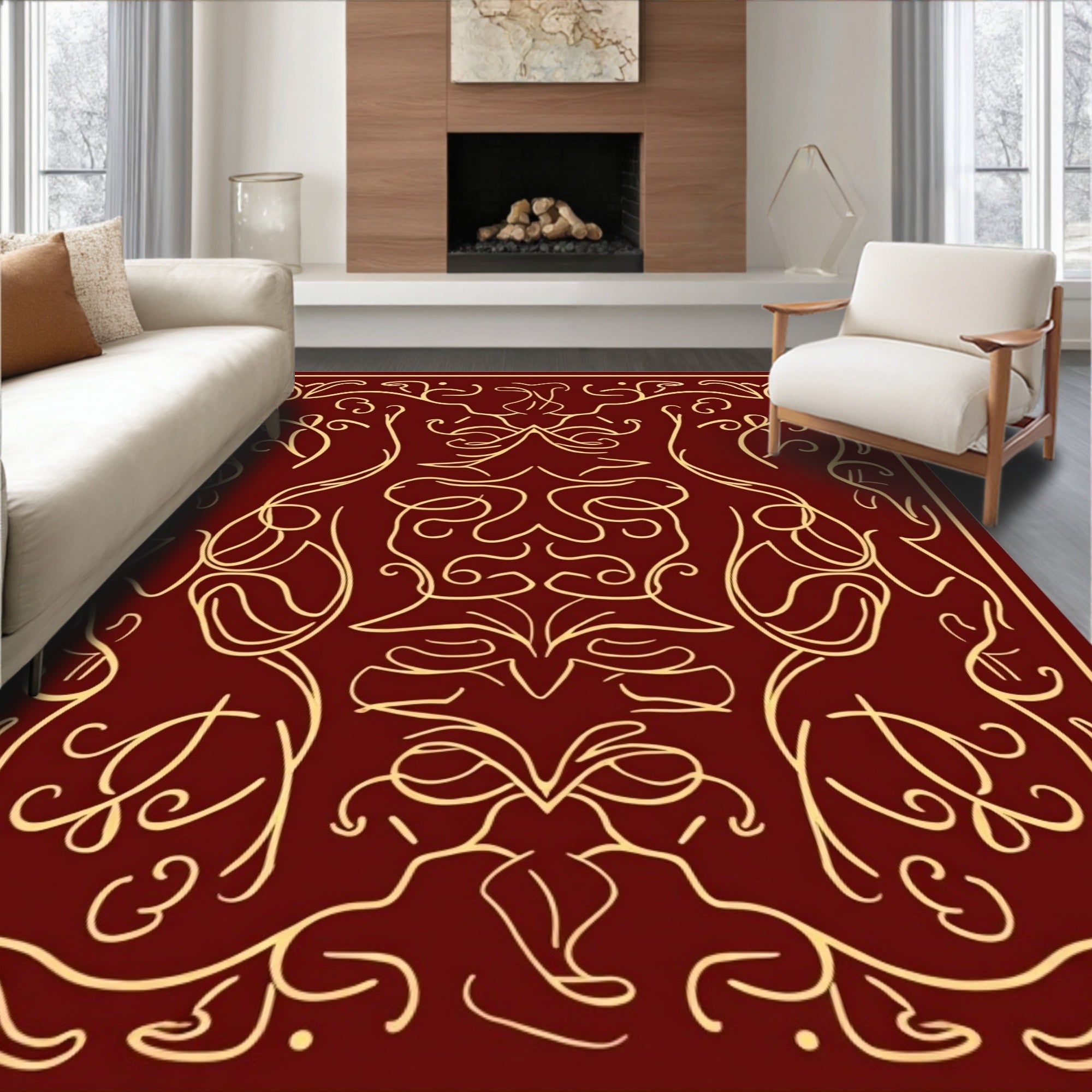 Crimson Gold Floral Scrolling Rug