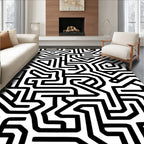 Black White Labyrinth Maze Lines Rug