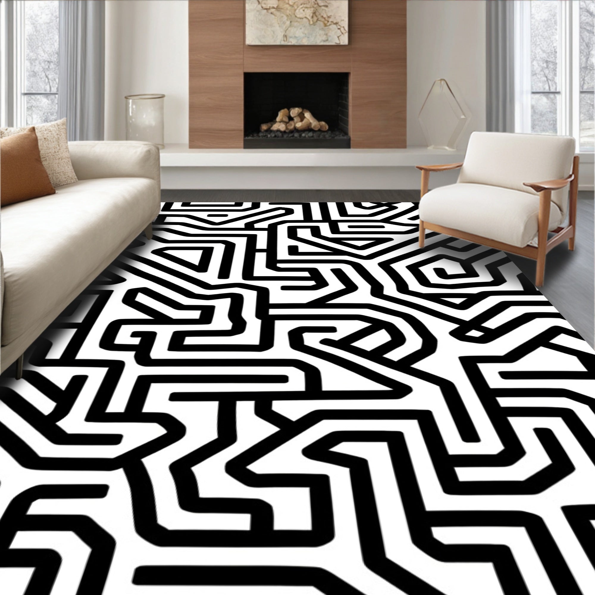 Black White Labyrinth Maze Lines Rug