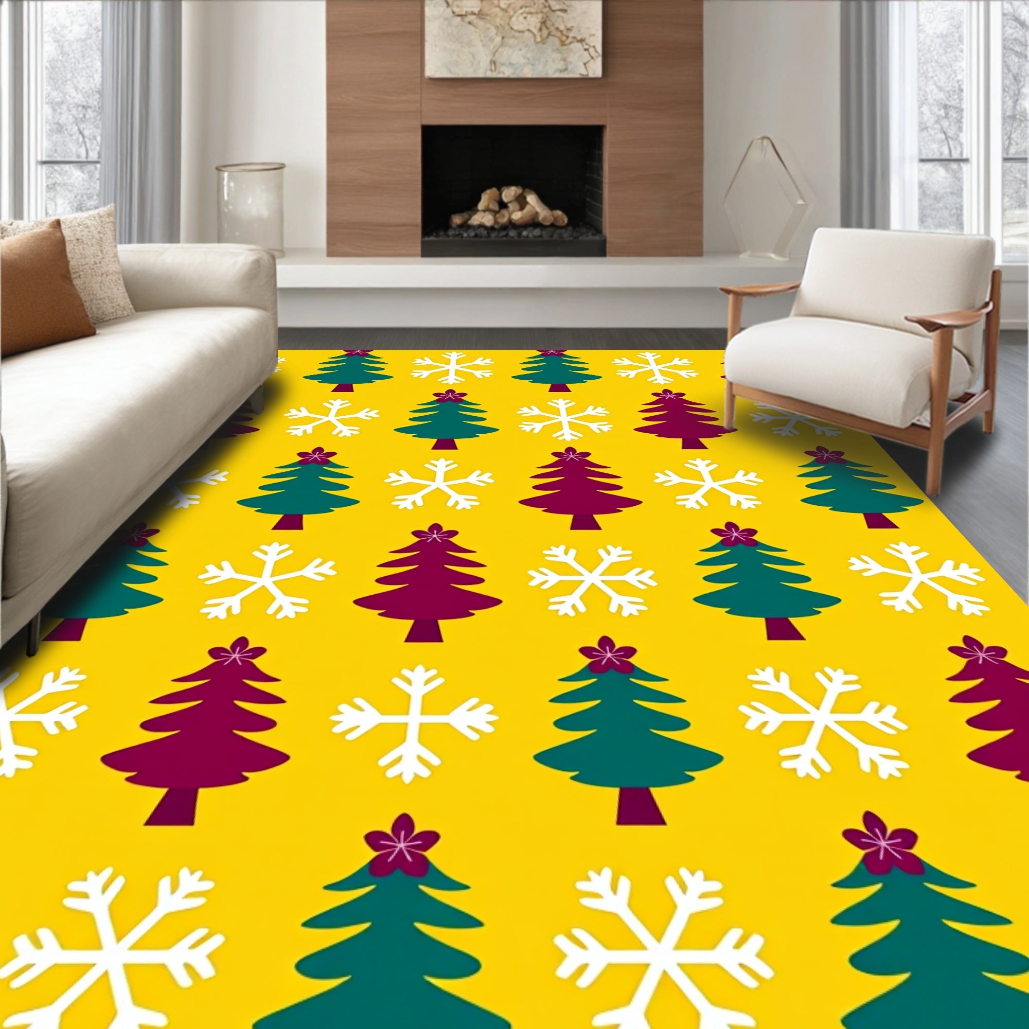 Deep Teal Plum Tree Snowflakes Rug