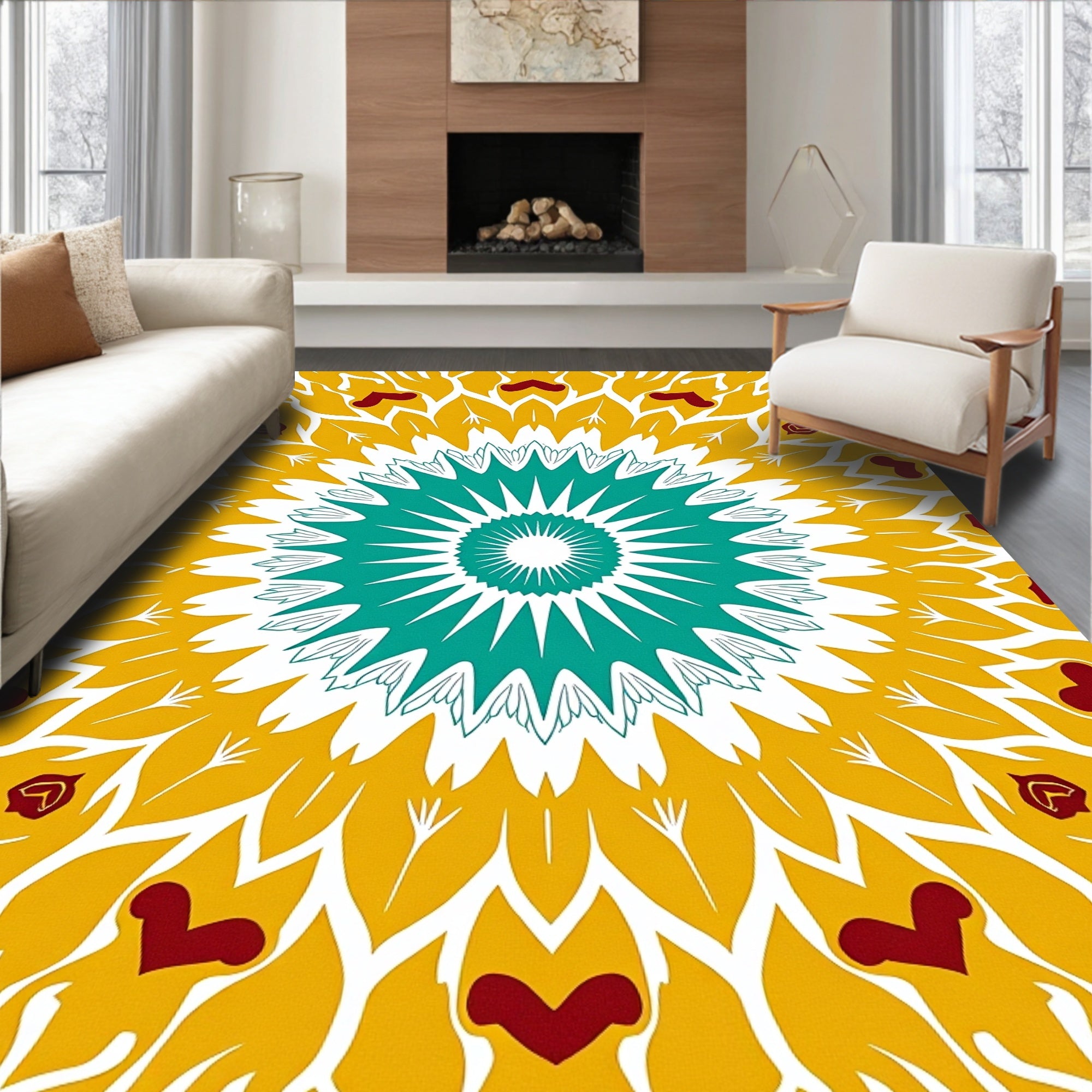 Teal Gold Red Floral Sunburst Rug