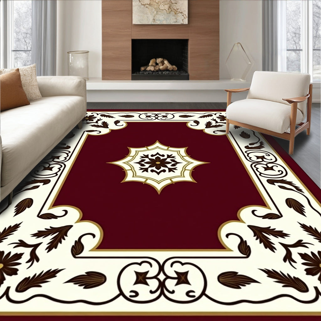 Crimson Floral Medallion Cream Border Rug
