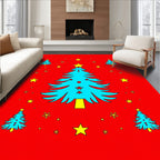 Festive Cyan Christmas Trees Scattered Stars Rug
