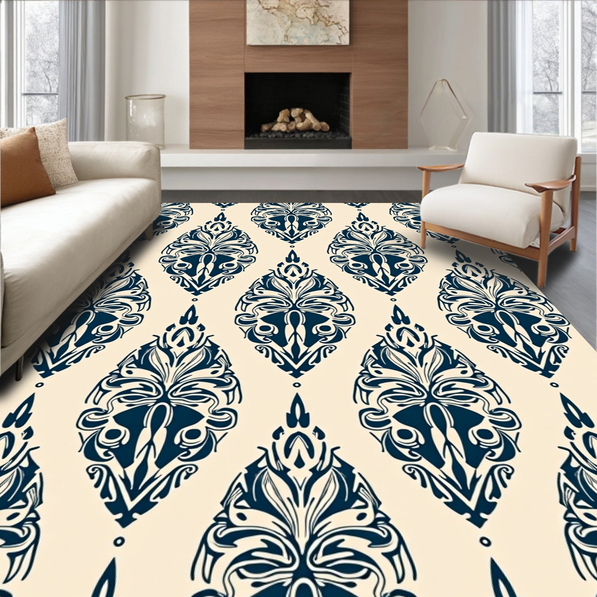 Deep Navy Damask Oval Bloom Rug