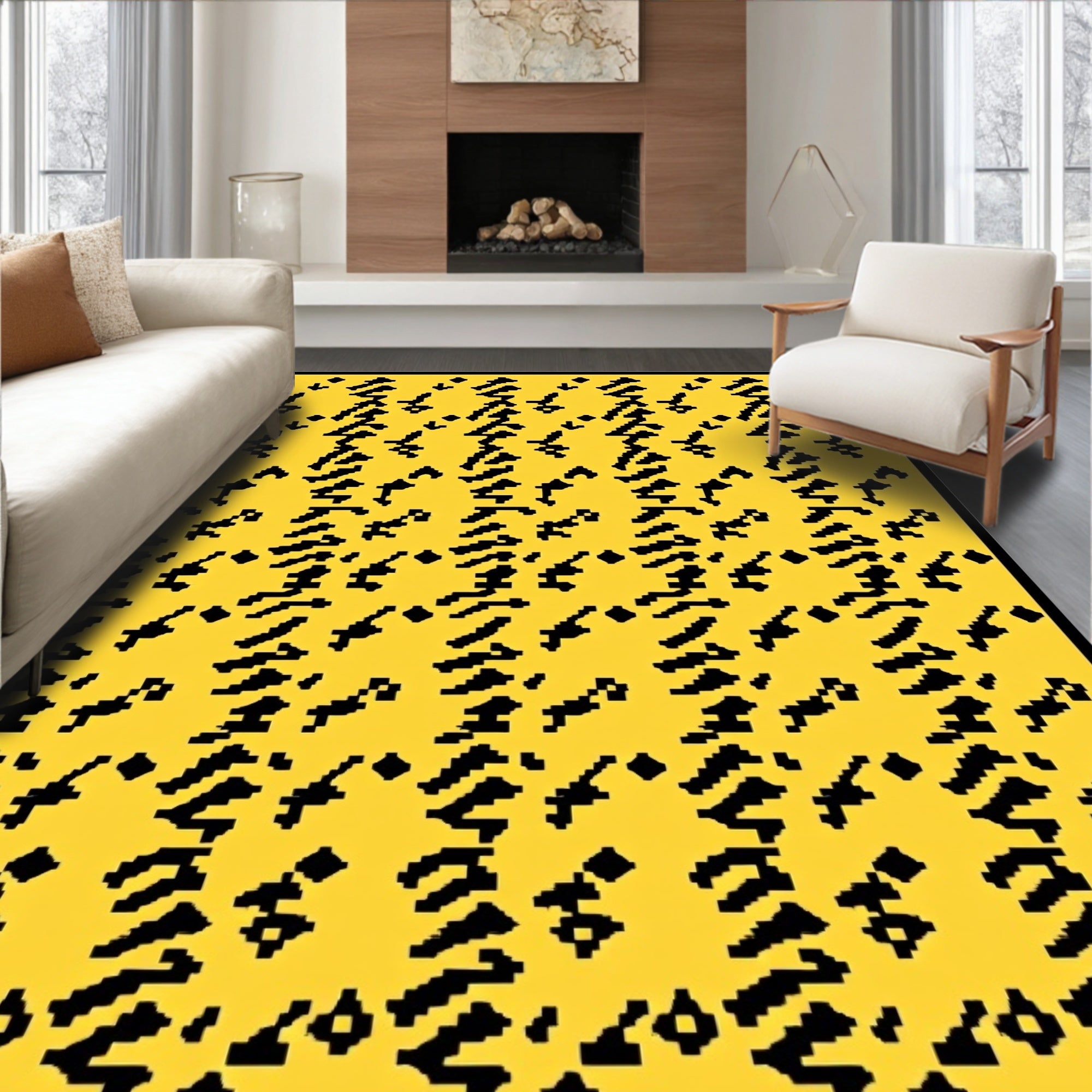 Abstract Yellow Black Jagged Stripe Rug