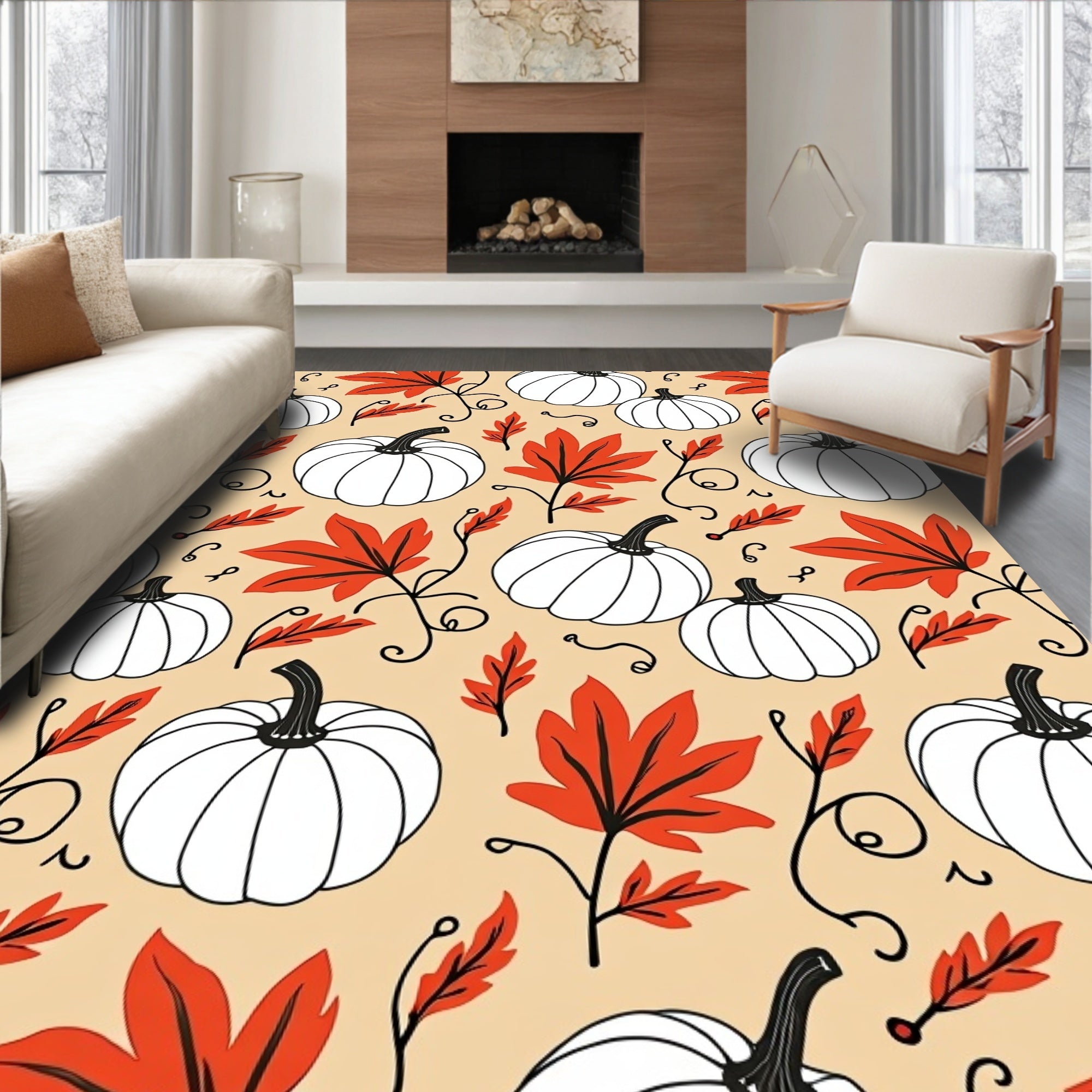 Autumn White Pumpkin Orange Leaf Swirls Rug
