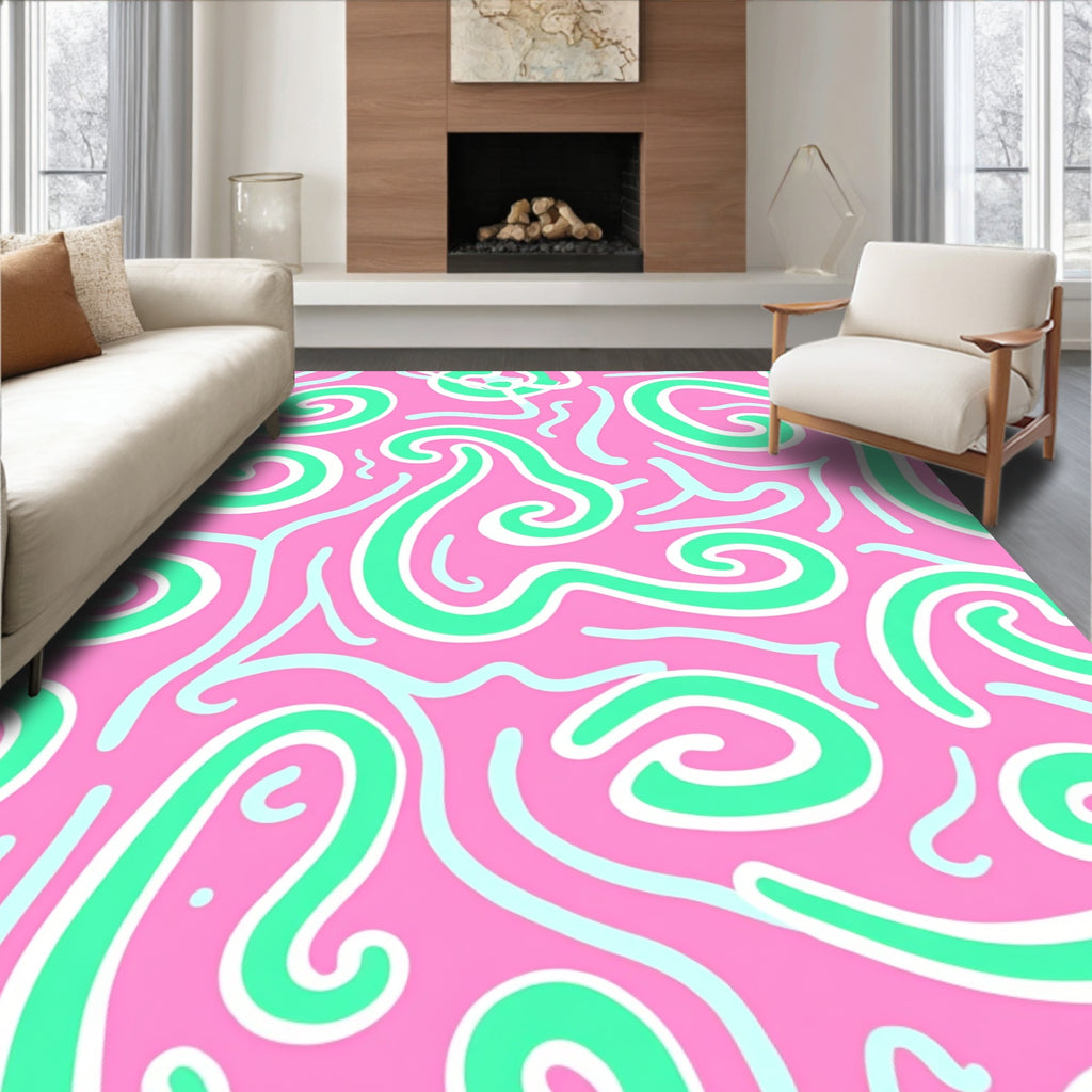 Whimsical Pink Green Swirls Rug