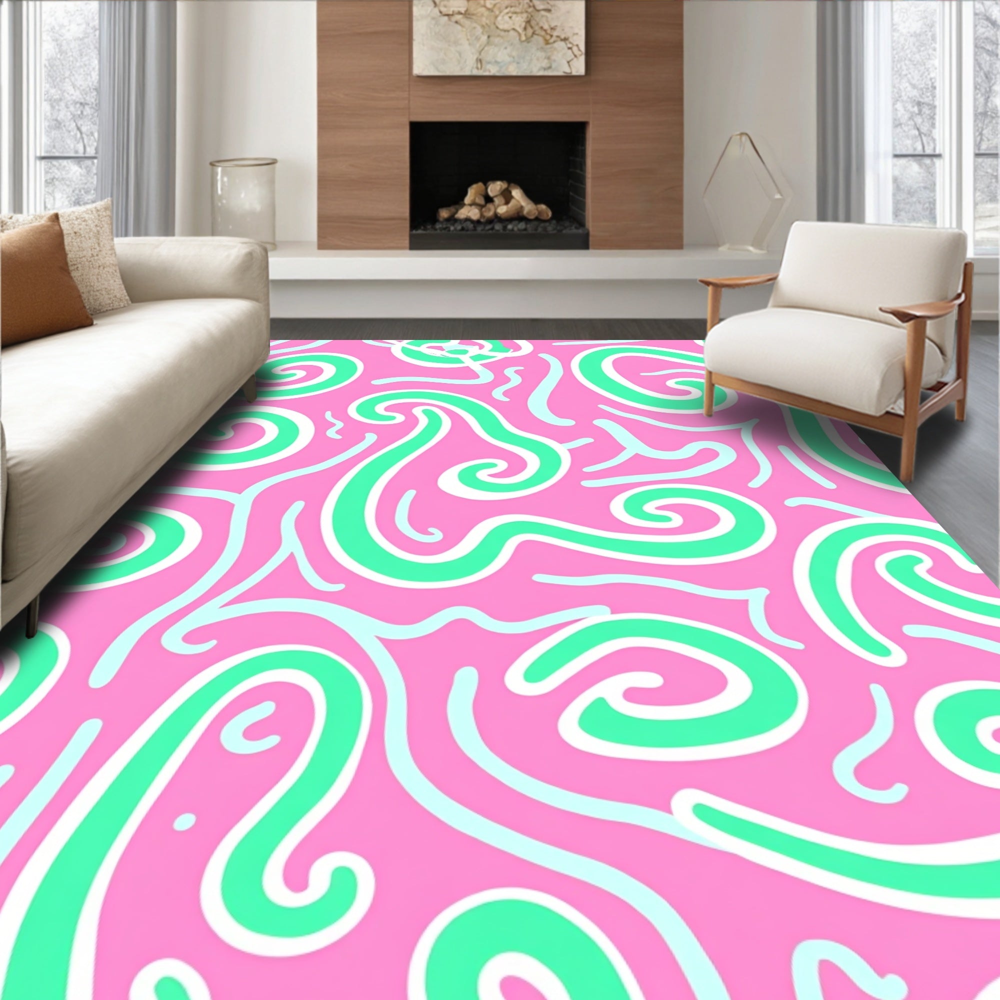 Whimsical Pink Green Swirls Rug