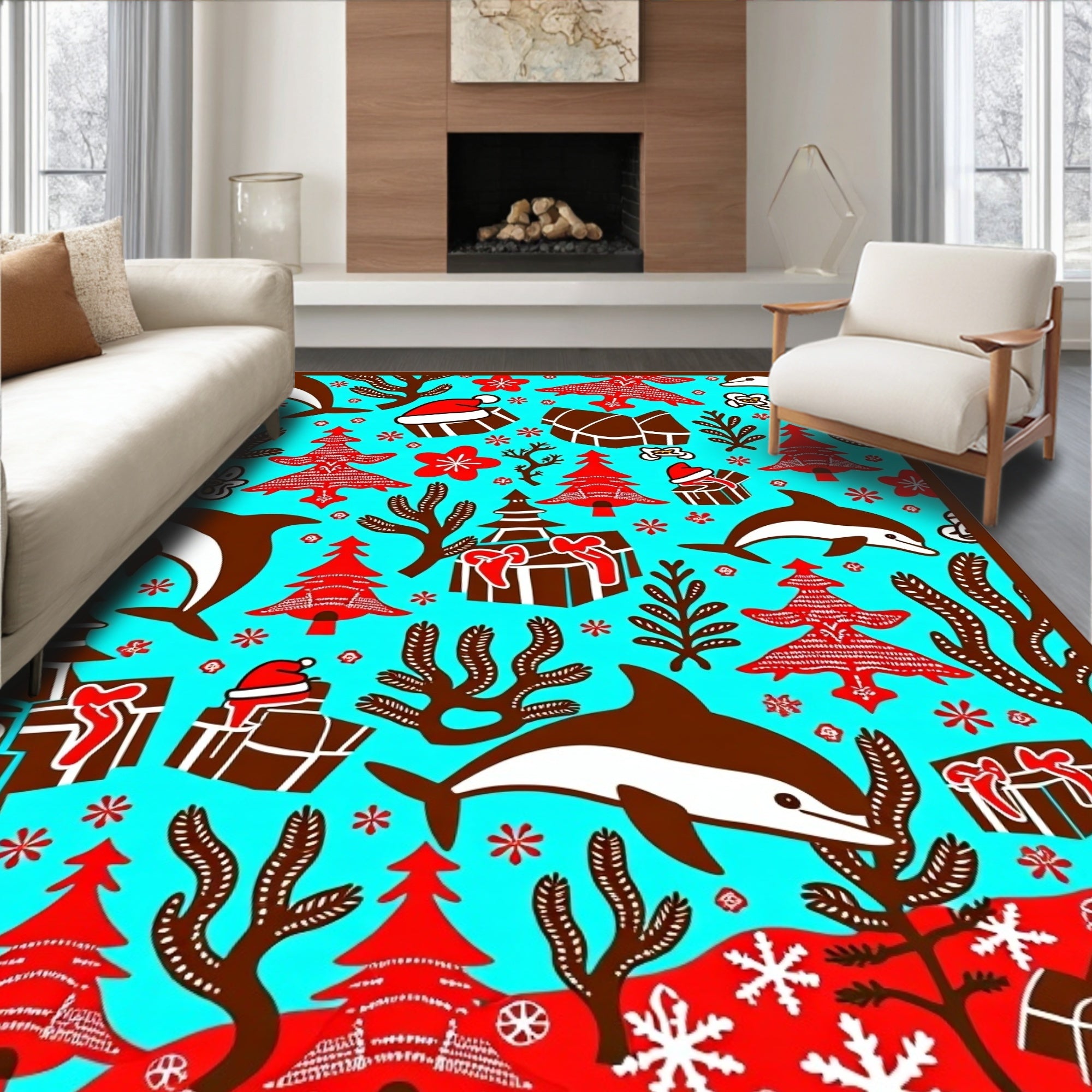 Whimsical Christmas Dolphins and Gifts Rug