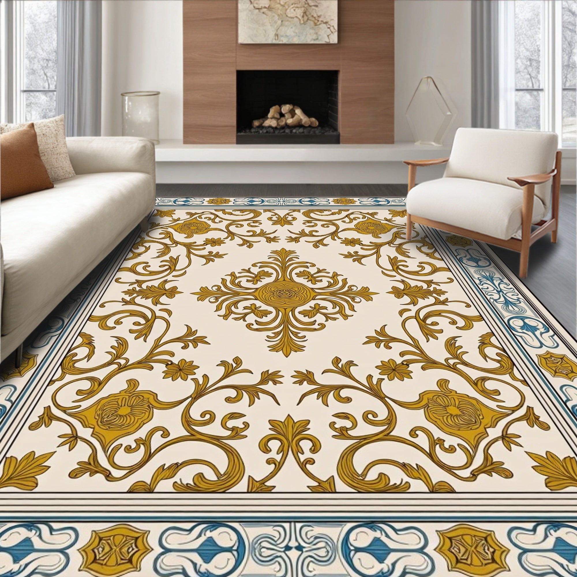 Golden Floral Medallion Cream Border Rug