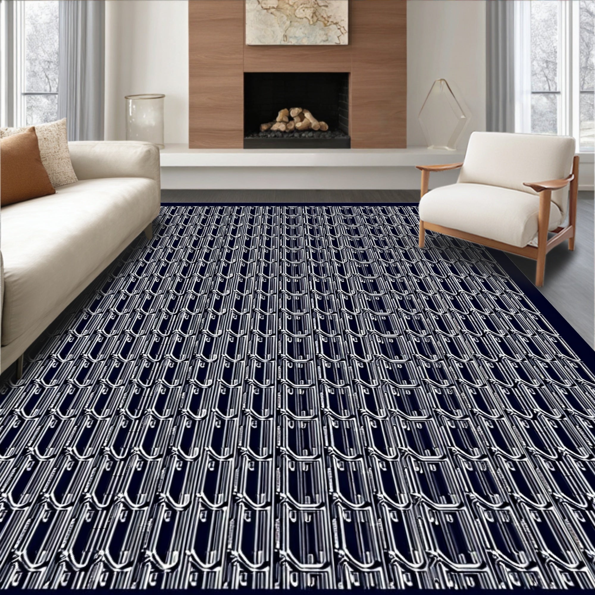 Dark Blue White Stacked Oval Geometric Rug
